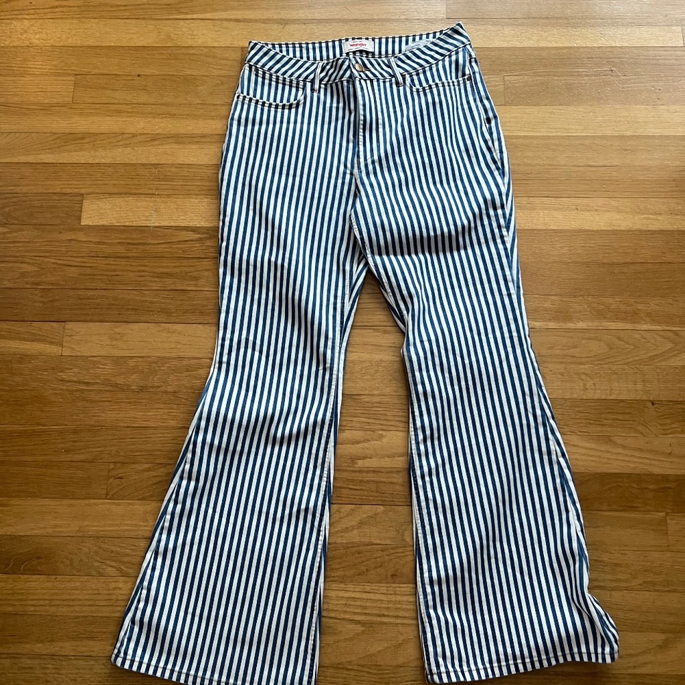 Wrangler High Rise Fierce Flare Striped Denim Jeans Size 32 blue white stripe